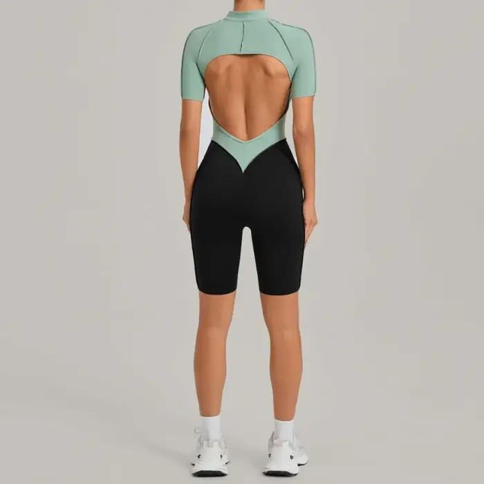 Combinaison de sport une pièce à fermeture éclair pour femme, dos en V, sans manches, dos nu, pour y