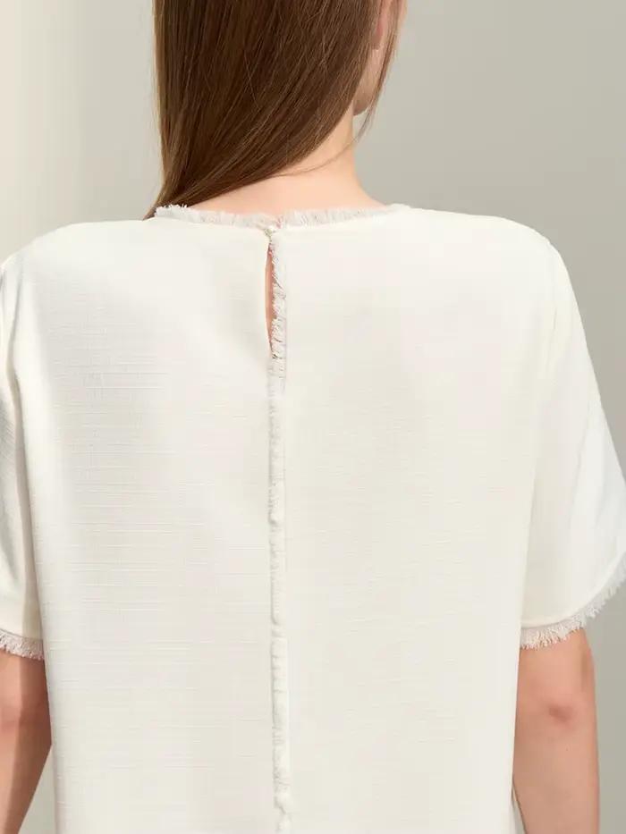 Amii-Robe mi-longue droite à manches courtes pour femmes, robes minimalistes, pompon épissé, léger,