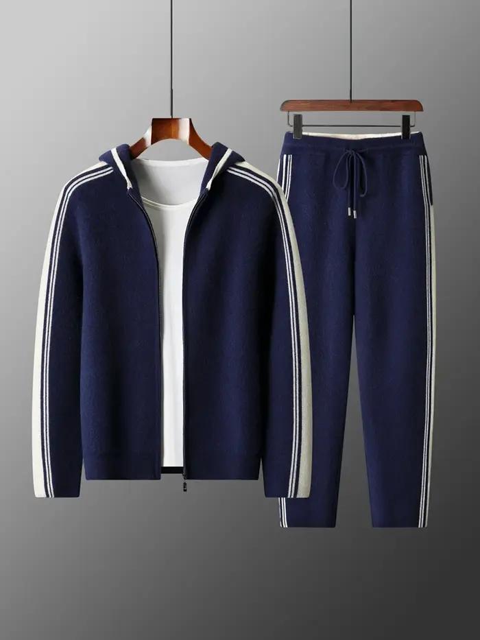 Ensemble deux pièces 100% laine mérinos pour hommes, Cardigan à col à capuche avec fermeture éclair