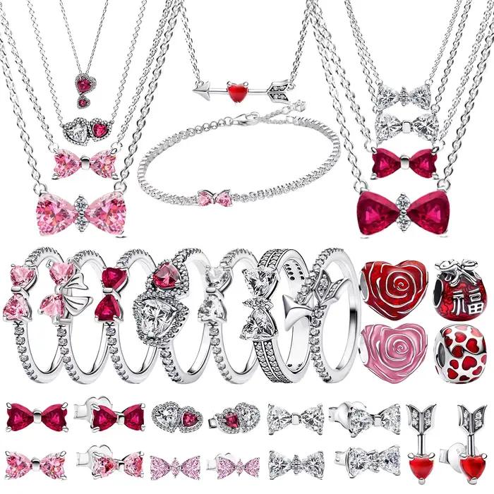 Nouveau Original 925 en argent Sterling coloré arc ensemble collier bague boucle d'oreille brillant
