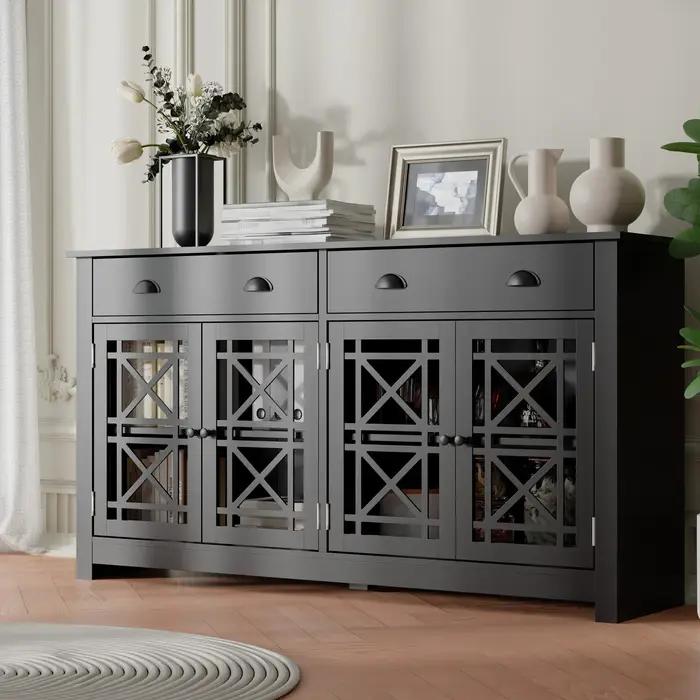 Buffet en bois avec 4 portes en verre acrylique, armoire de bar autoportante, armoire de planche mod