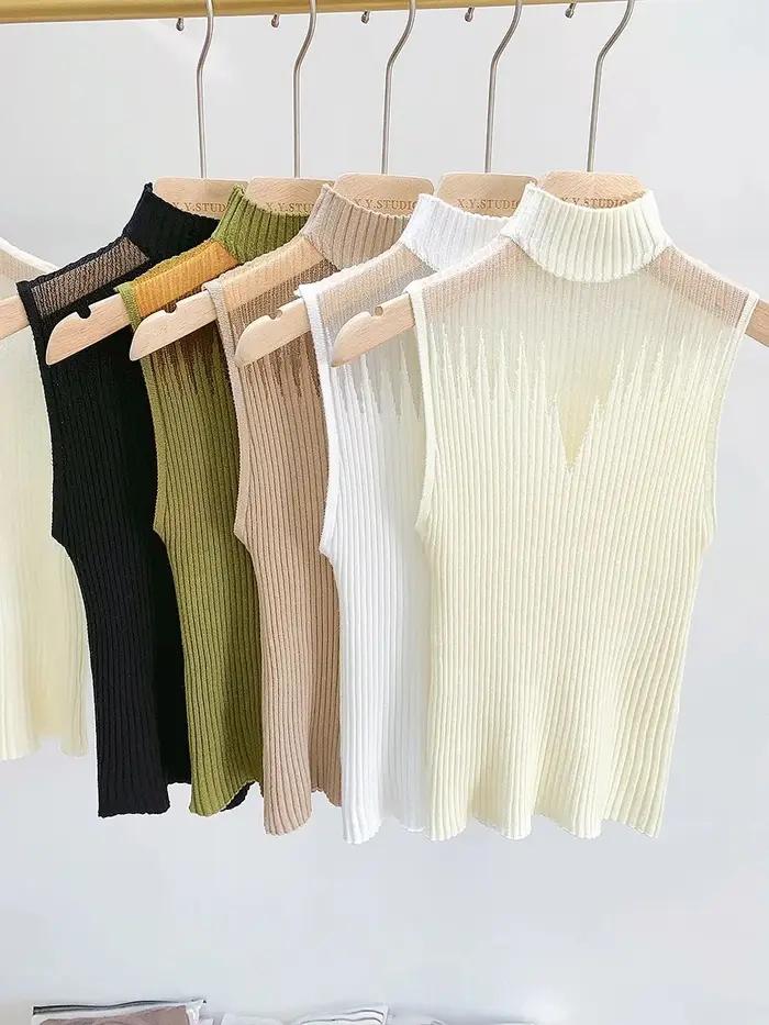 Haut tricoté en maille pour femmes, débardeur Y2K, gilet demi-cou, pull sans manches, Chic, découpé,