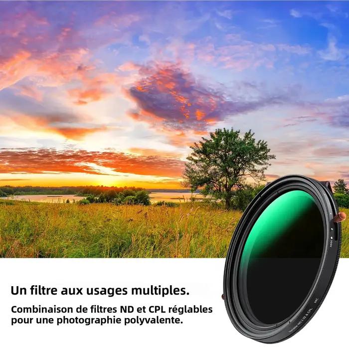 Filtre d'objectif 2-en-1 K&F CONCEPT ND & CPL ND2-ND32 (1-5 Stops) à densité neutre variable et polarisant pour objectif