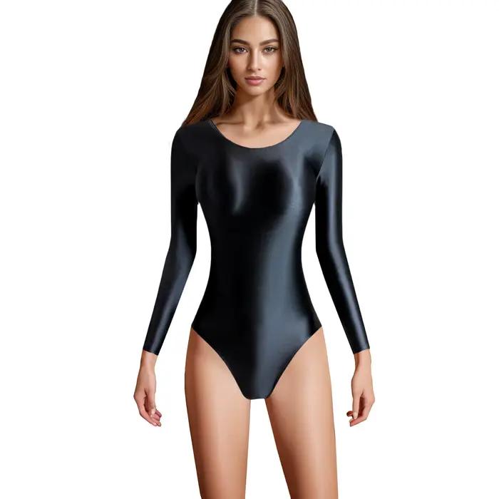 XClocKNYoung Combinaison de sport en satin brillant à manches longues, coupe en T, à fente haute, po