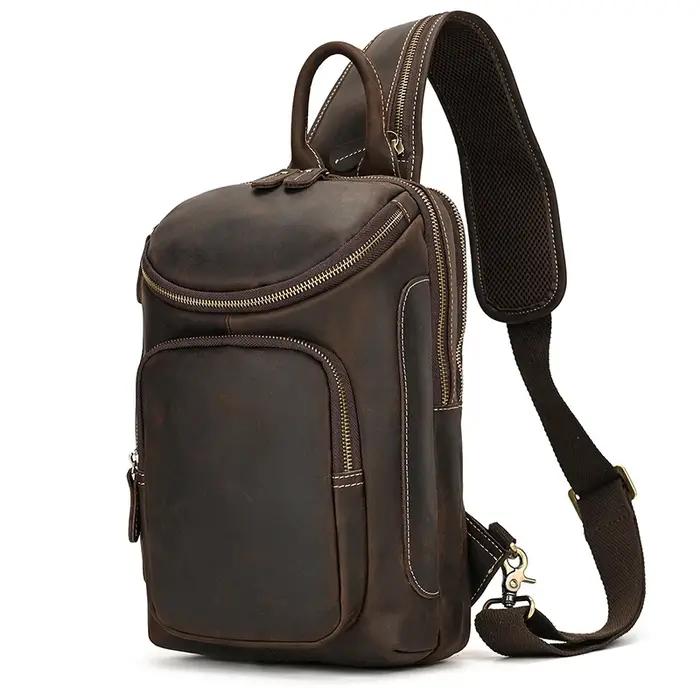 Sac de poitrine en cuir véritable pour homme, sac à bandoulière, sac à dos initié unique, sac de voy