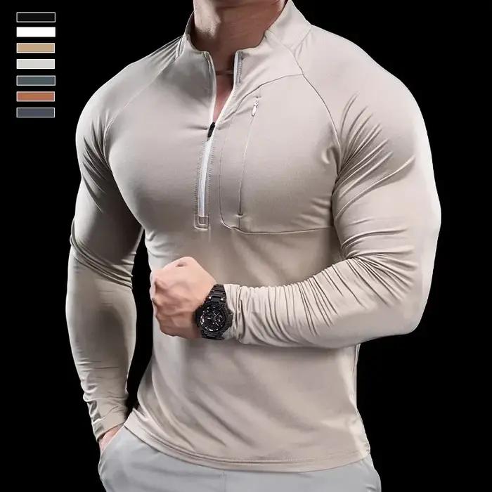 T-shirt à manches longues et col rond pour homme, vêtement de sport, de gymnastique, de course, d'en