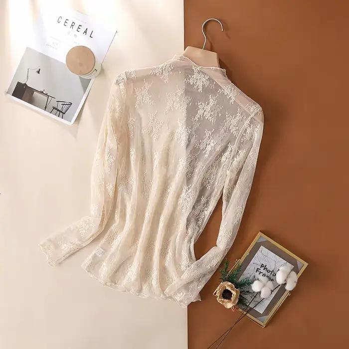 T-Shirts en maille pour femmes, chemisier en dentelle transparente, manches longues, hauts transpare