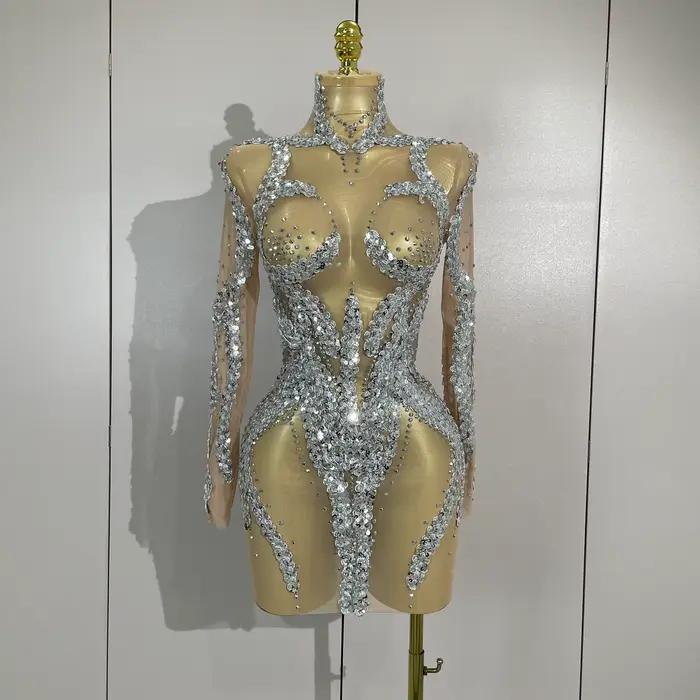 STOCK strass scintillants Sexy maille transparente Mini robe réveillon fête d'anniversaire danse dis
