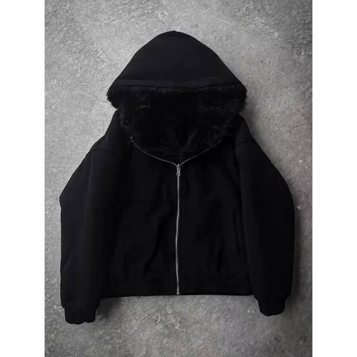 Manteau Parka surdimensionné en fausse fourrure pour homme, épais et chaud, noir, réversible, avec c