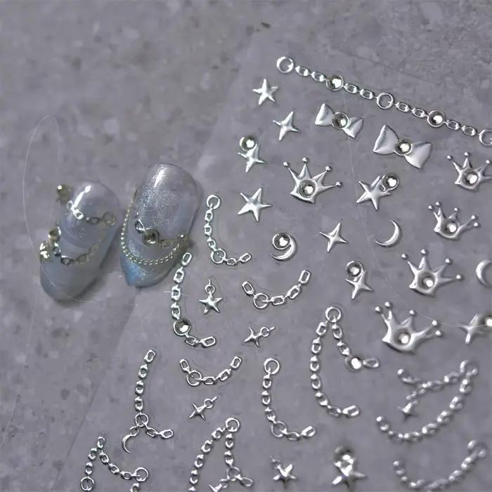 Autocollants pour ongles en chaîne étoile diamant 5D, 1 pièce, or argent, auto-adhésifs, décorations