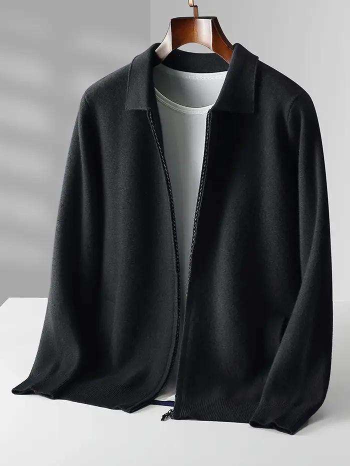 Pull à col rabattu en laine mérinos pour hommes avec fermeture éclair, manteau cardigan, tricots en