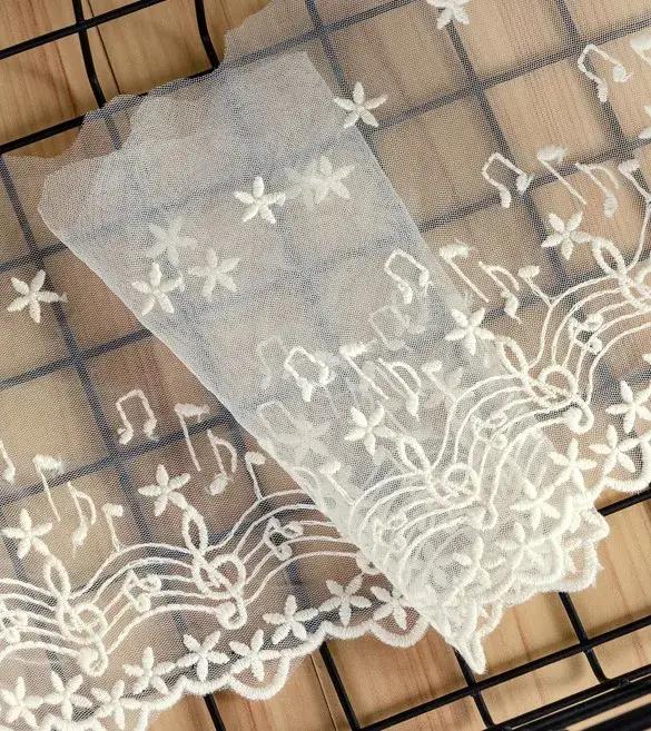 Garniture en dentelle brodée en maille, 1 mètre, Note de musique, ivoire, blanc, noir, pour bricolag
