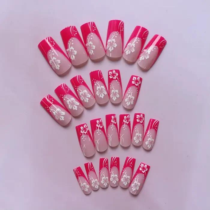 Presse à ongles Rose rouge 24 pièces, presse à ongles faux ongles rose carré de taille moyenne, acry