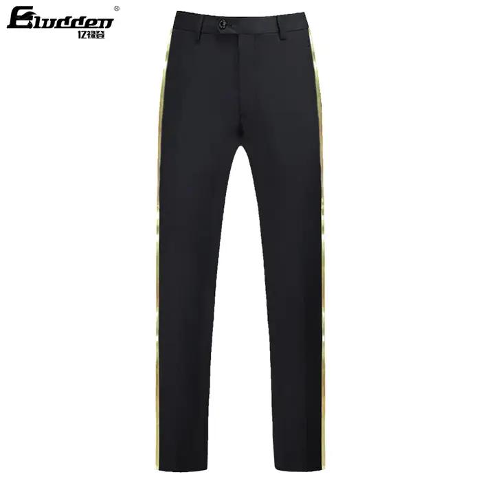 Pantalon de costume noir pour hommes, garniture en cuir doré, décontracté, formel, pour le bureau, é