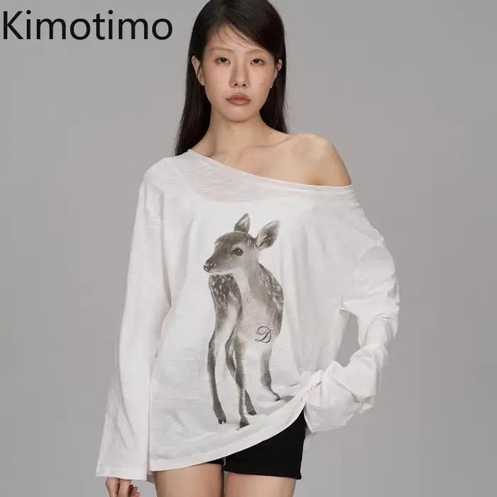 Kimotimo T-shirt Femme Été Imprimé Épaules Dénudées Manches Longues 2026 Nouveau Décontracté Transpa