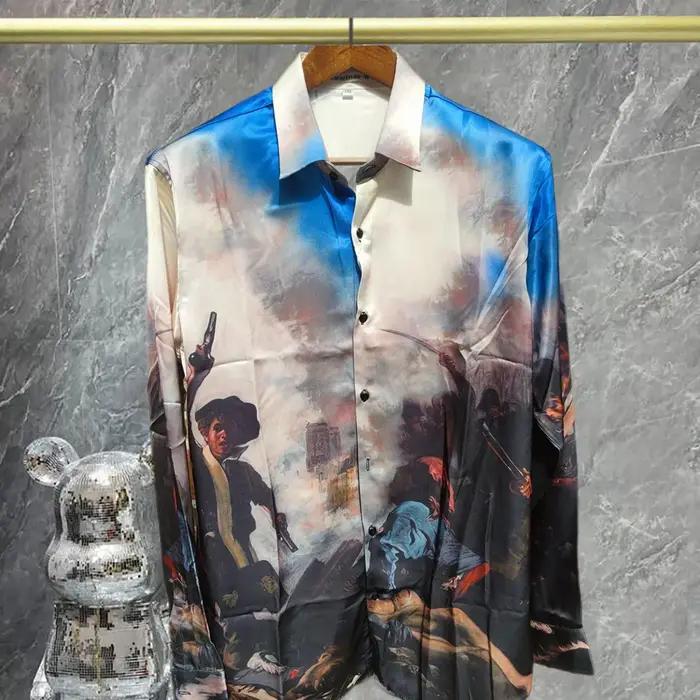 Dégradé Art abstrait imprimé manches longues haut Streetwear Chemise sociale Hip Hop Chemise hawaïen