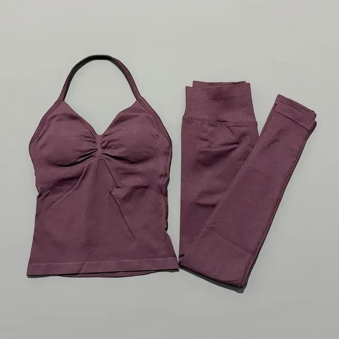Ensemble de yoga sans couture pour femme : haut dos nu et leggings taille haute froncés aux fesses,
