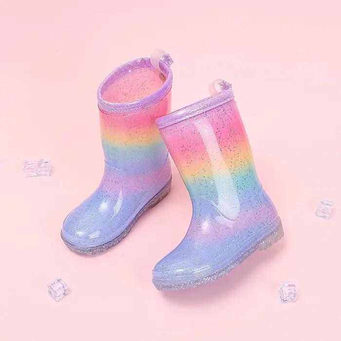 Bottes de pluie pour filles mignonnes quatre saisons, dégradé arc-en-ciel, paillettes, imperméables,