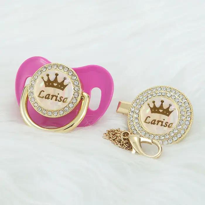 MIYOCAR personnalisé kaki bling couronne nom bling sucette et attache-sucette sans BPA factice bling